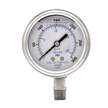 Pro 2 1/2 in Dial, 0/300 PSI & Bar, 1/4 in NPT, Lower Mount Glycerin Filled Pressure Gauge PRO-301L-254H-01